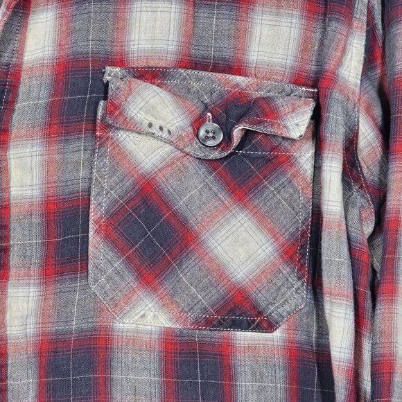 Vince Mens Large Red Navy Plaid Button-Down Shirt Distressed Large - Picture 9 of 9
